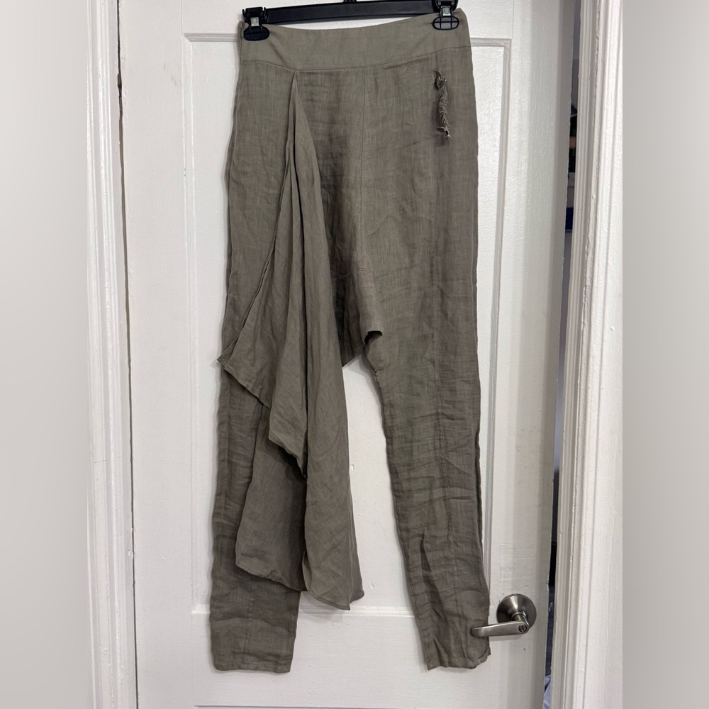 Sarah Pacini Linen Draped Pants with Buckle Detail Made in Italy, Size 0